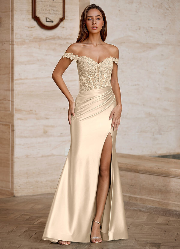 Wrentino Champagne Embroidered Appliqué Satin Prom Dress image1