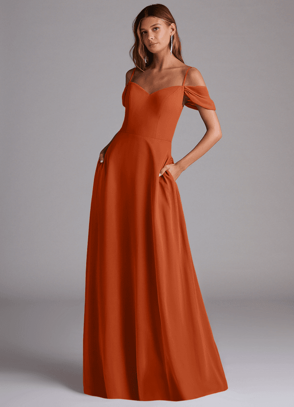 Azazie Marley Brautjungfernkleider Wandelbar A-Linie Schulterfrei Chiffon Kleid Gebranntes Orange image1