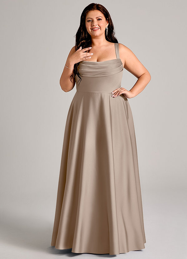Shaude Bridesmaid Dresses Taupe A-Line Pleated Stretch Satin Dress image1