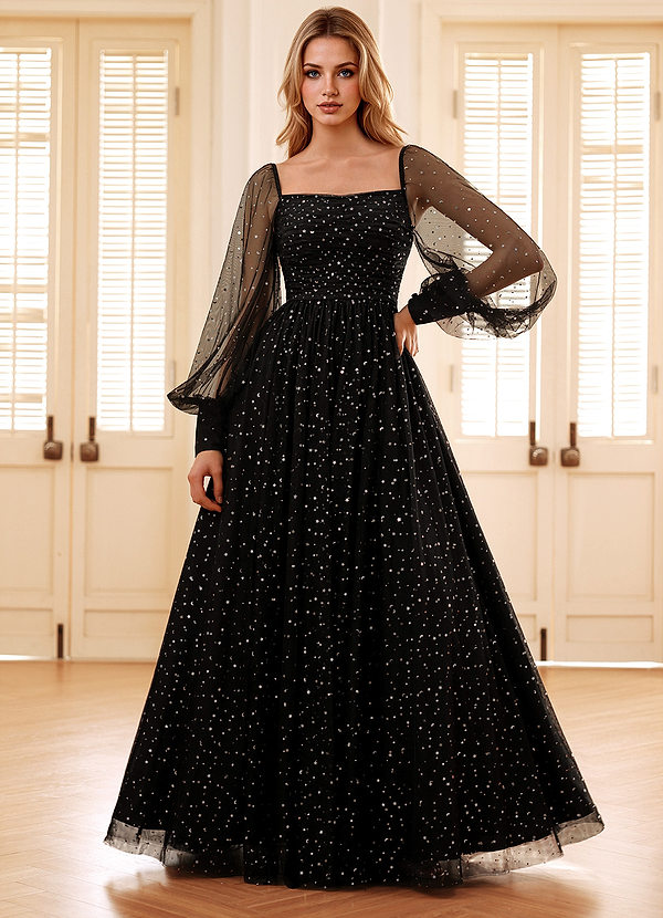 Elowen Black Corset Rhinestone Sheer Lace Prom Dress image1