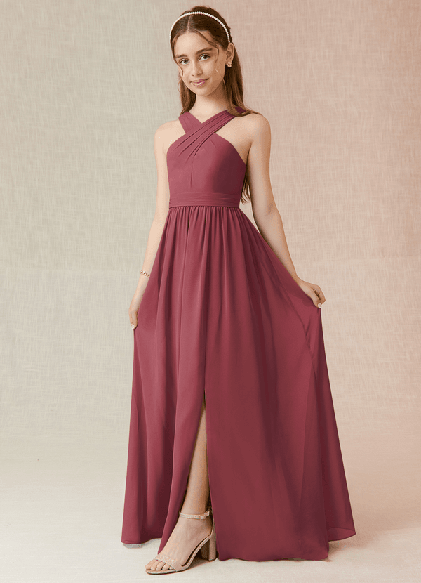 Azazie Jiya Junior Vestido de Merlot de Gasa de Corte En A con Plisado image1