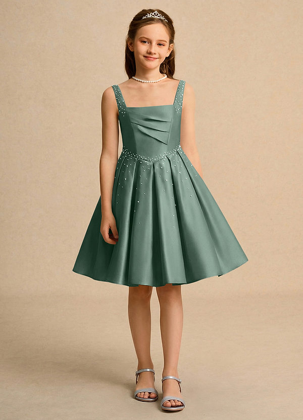 Azazie Jello Flower Girl Dresses Eucalyptus Ball-Gown Pleated Matte Satin Dress image1