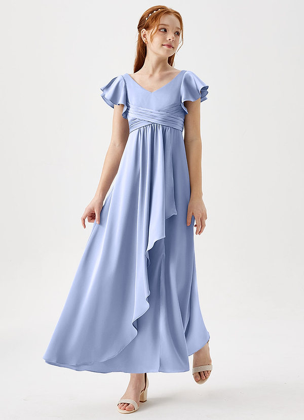 Azazie Omari Junior Ice A-Line Pleated Stretch Satin Dress image1