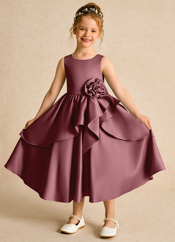 Azazie Hermia Robes de Fillette d'Honneur Robe Trapèze en Mat Satiné Sans manches Rose Du Désert image1