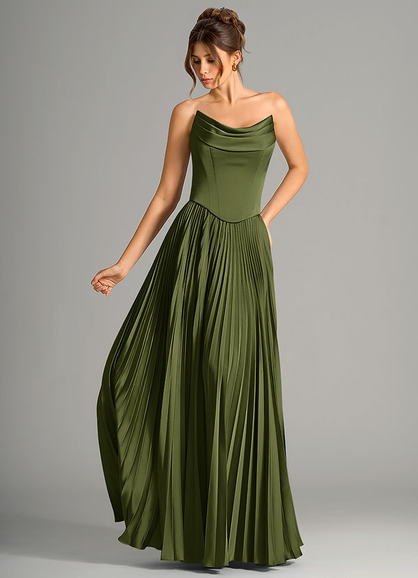 Azazie Saedra Bridesmaid Dresses Olive A-Line Corset Stretch Satin Dress image1