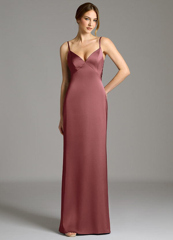 Azazie Adriane Suknie dla druhen Osłona Ukłon Satyna elastyczna Do ziemi Sukienka image1