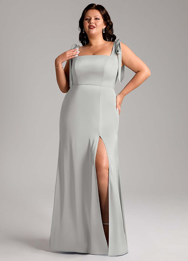 Azazie Frostine Bridesmaid Dresses Silver A-Line Bow Stretch Satin Dress image1