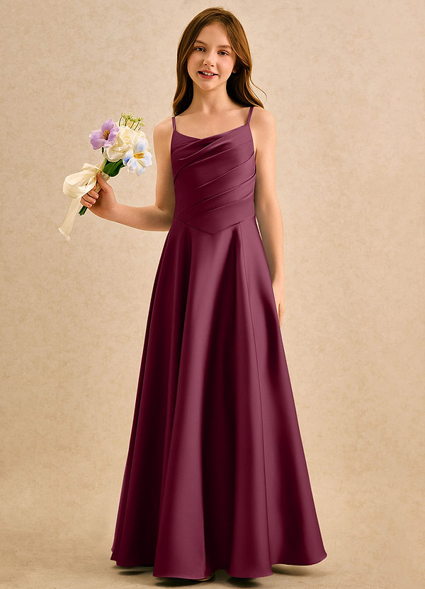 Azazie Coconut Girls Formal Blumenkinder Kleider A-Linie Plissee Stretch-Satin Kleid Maulbeerrot image1