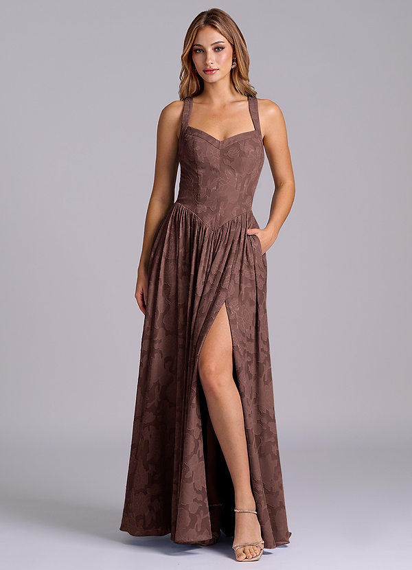 Azazie Francis Bridesmaid Dresses Espresso A-Line Corset Floral Burnout Dress image1