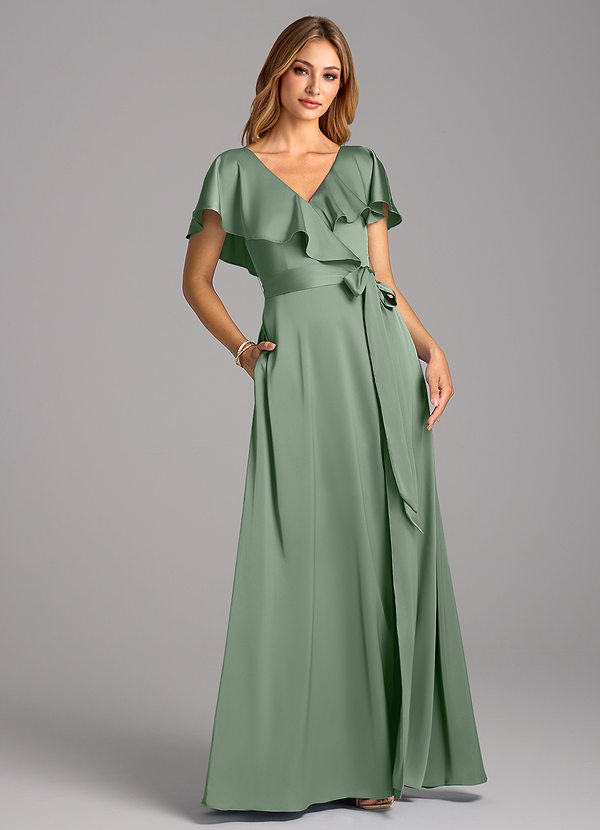 Azazie Lainey Bridesmaid Dresses Matcha A-Line with Pockets Stretch Satin Dress image1