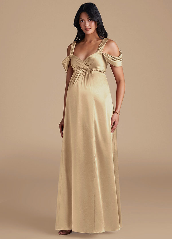 Azazie Rhea Maternity Bridesmaid Dresses A-Line Pleated Metallic Satin Floor-Length Dress image1