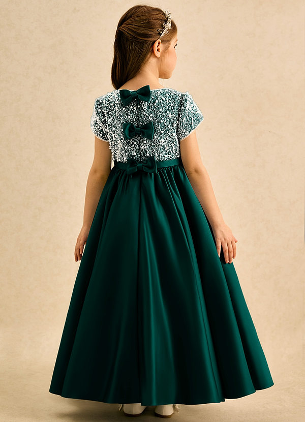 Azazie Cashew Flower Girl Dresses Pine Ball-Gown with Sleeves Matte Satin Dress image1