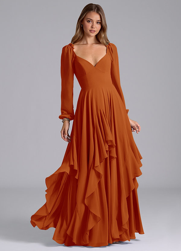 Azazie Karan Bridesmaid Dresses Paprika A-Line Long Sleeve Chiffon Dress image1