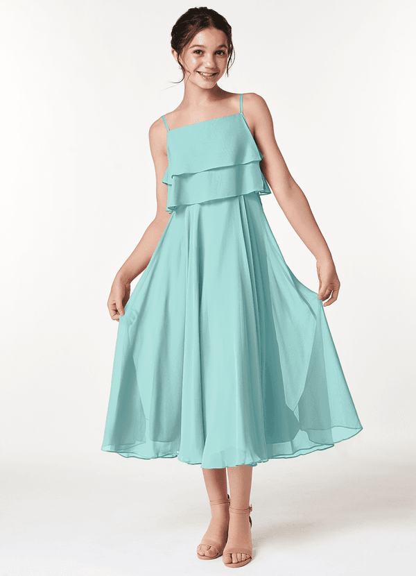 Azazie Ensley Junior Abito A-Line in Chiffon Plissettato Acqua image1