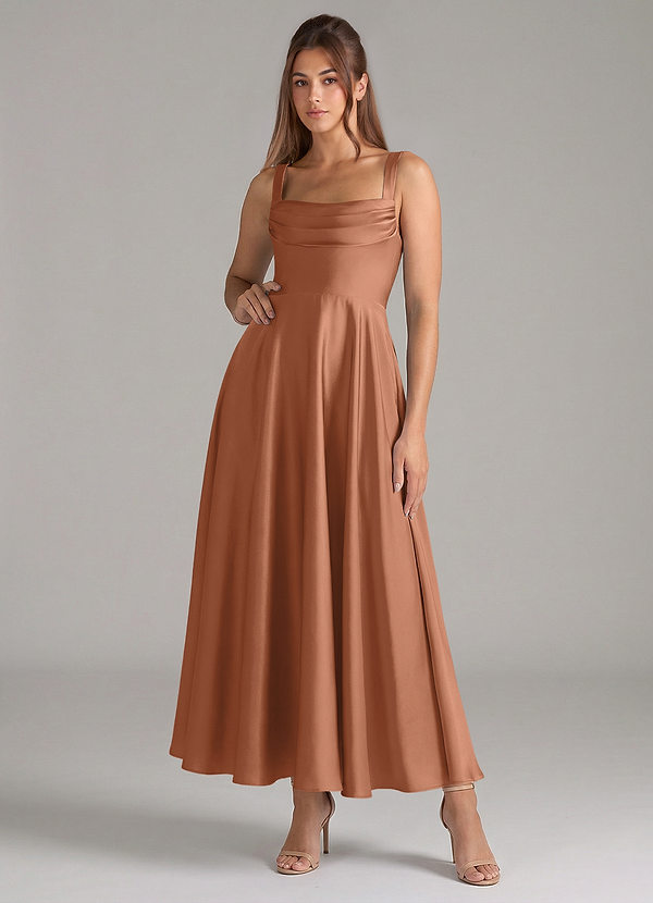 Azazie Shaude Bridesmaid Dresses Bronzer A-Line Pleated Stretch Satin Dress image1