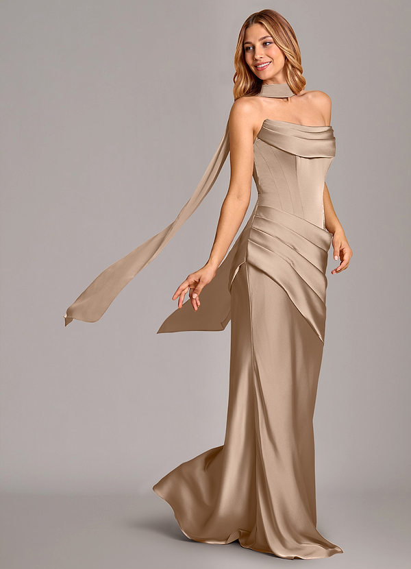 Azazie Pelagia Brudtärneklänningar Klä av Sjöjungfru i Stretch Satin Korsett Taupe Konvertibel image1