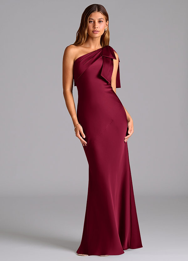 Azazie Yuanna Bridesmaid Dresses Burgundy Mermaid One Shoulder Stretch Satin Dress image1