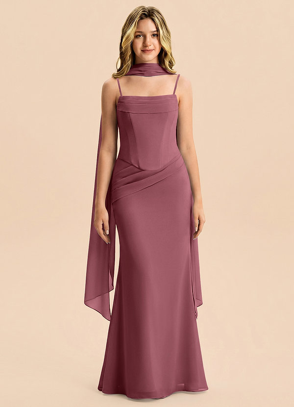 Azazie Sorrel Junior Meerjungfrau-Linie Plissee Chiffon Kleid Wüstenrose image1