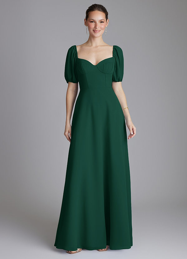 Azazie Fatima Bridesmaid Dresses Emerald A-Line with Pockets Chiffon Dress image1