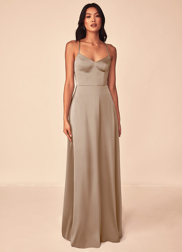 Azazie Mei Bridesmaid Dresses Taupe A-Line V-Neck Stretch Satin Dress image1