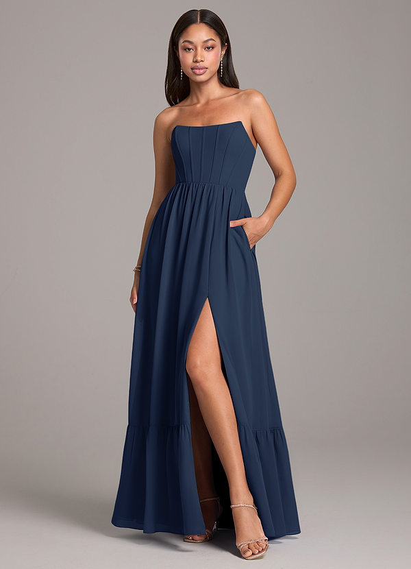 Azazie Kailee Bridesmaid Dresses Dark Navy A-Line with Pockets Chiffon Dress image1
