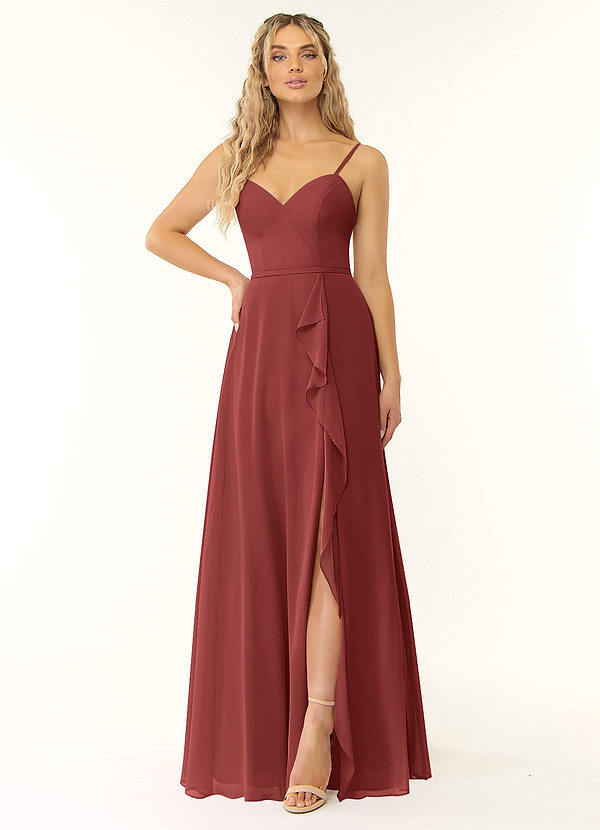 Azazie Naeem Bridesmaid Dresses Terracotta A-Line V-Neck Ruffle Chiffon Dress image1