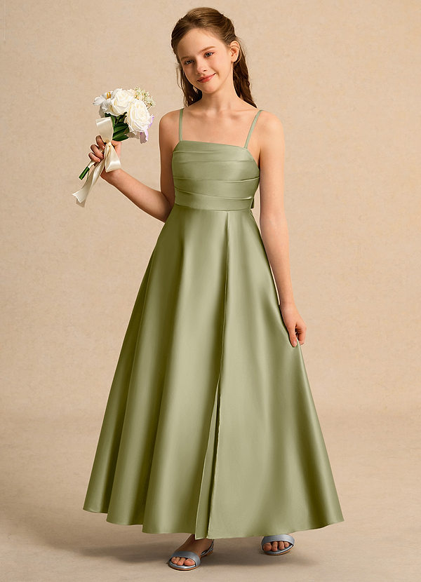 Azazie Pebbles Girls Formal Flower Girl Dresses Moss Green A-Line Pleated Matte Satin Dress image1
