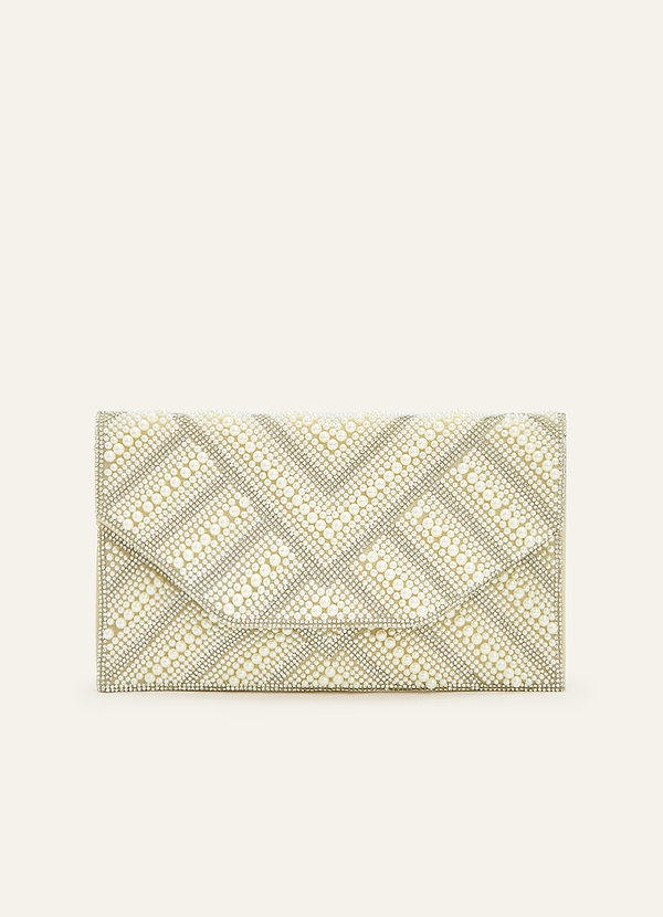 front Pearl Beaded Geometric Envelope Flap Clutch