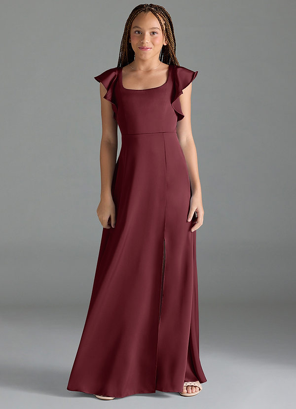 Azazie Bondi Junior Cabernet A-Line Side Slit Stretch Satin Dress image1
