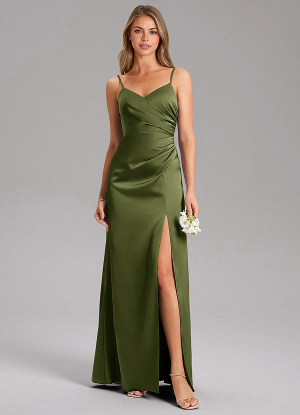 Azazie Azuree Bridesmaid Dresses Olive A-Line Pleated Stretch Satin Dress image1