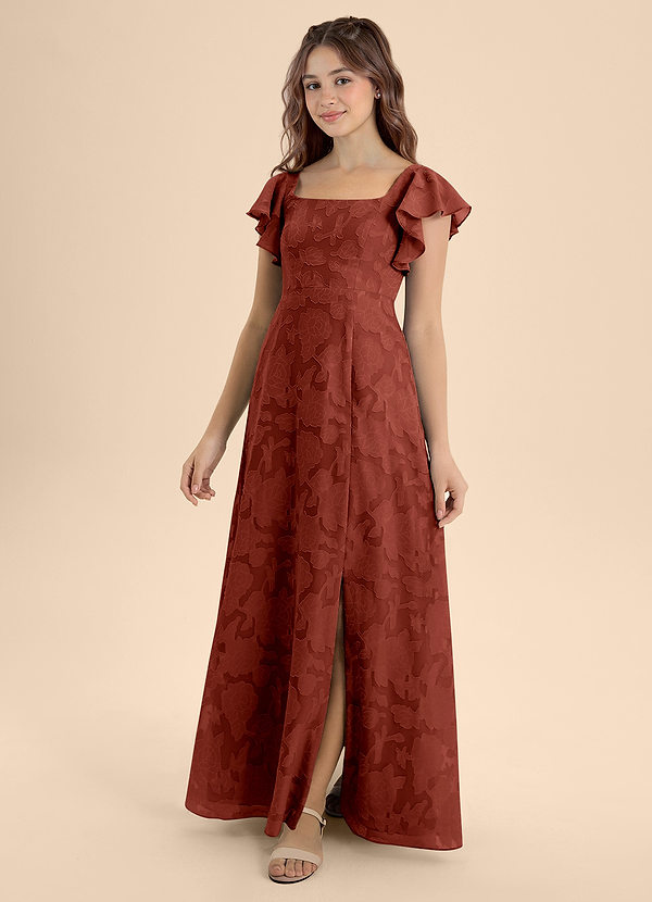 Azazie Bondi Junior Vestido de Terracota de Devorado Floral de Corte En A con Lazo image1