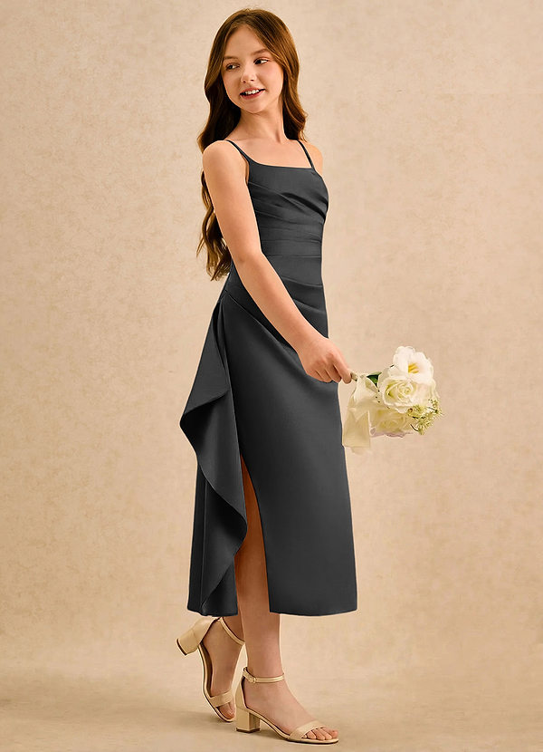 Azazie Canna Girls Formal Blomsterpigekjoler A-Line Plisseret Stræk satin Te-længde Kjole image1