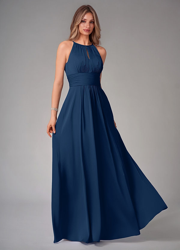 Azazie Bonnie Bridesmaid Dresses Dark Navy A-Line Pleated Stretch Satin Dress image1
