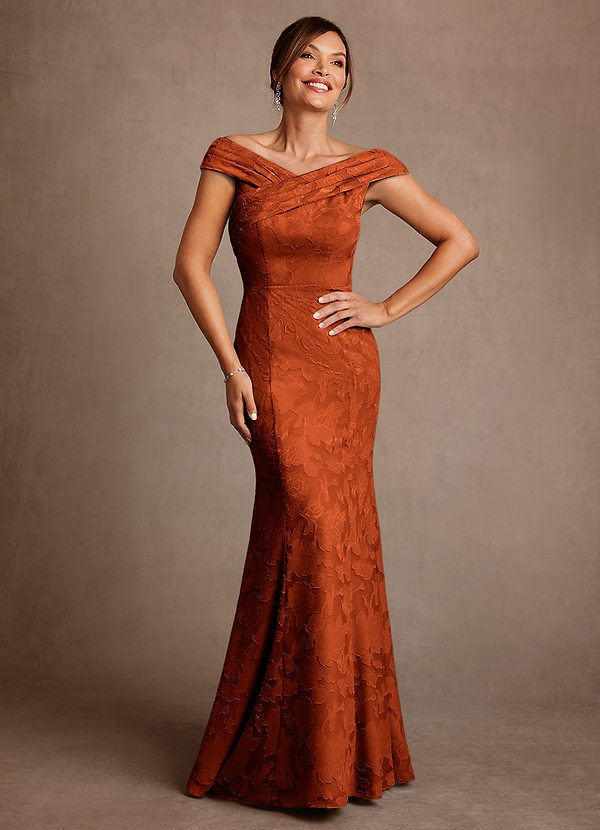 Azazie Aberdeen Mother of the Brides Dresses Paprika Sheath Pleated Floral Burnout Dress image1