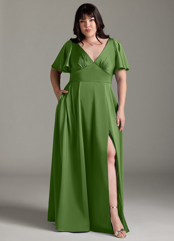 Azazie Kimber Bridesmaid Dresses Basil A-Line Ruched Stretch Satin Dress image1