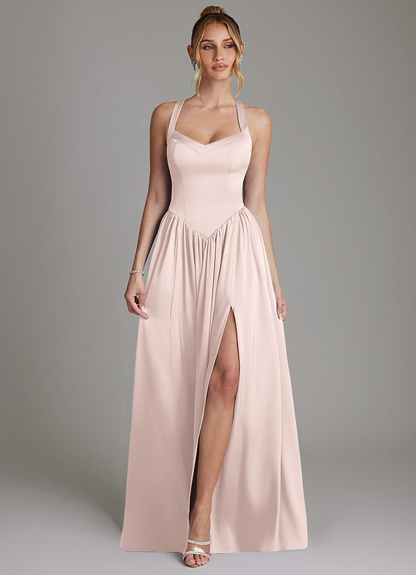 Azazie Francis 신부 들러리 드레스 A라인 코르셋 스트레치 새틴 바닥 길이 드레스 image1