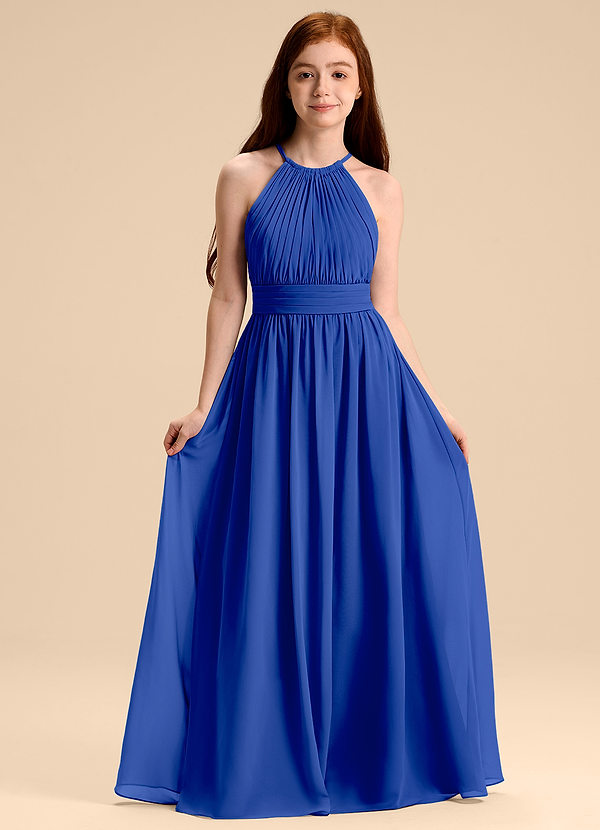 Azazie Malone Junior Robe Trapèze en Mousseline de soie Plissée Bleu Roi image1