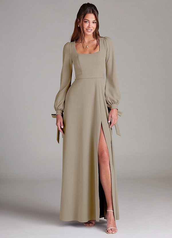 Azazie Leonia Bridesmaid Dresses Taupe A-Line Long Sleeve Stretch Crepe Dress image1