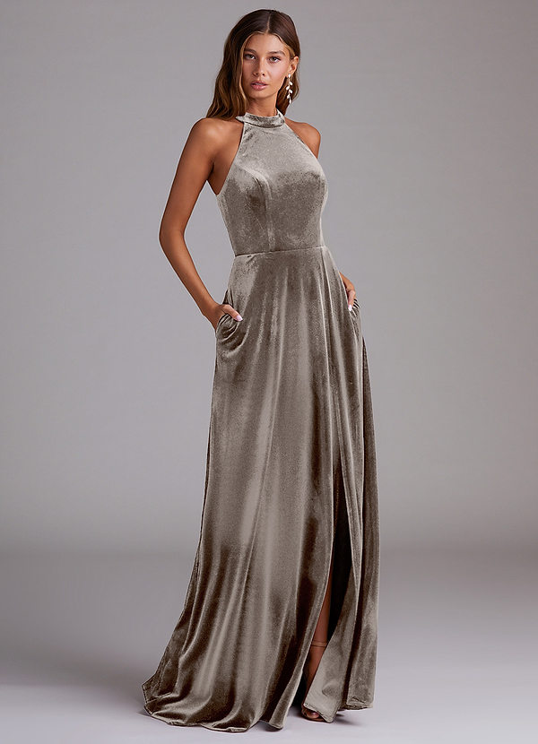 Azazie Larice Robes Demoiselle d'honneur Robe Trapèze en velours avec poches Taupe Argenté image1
