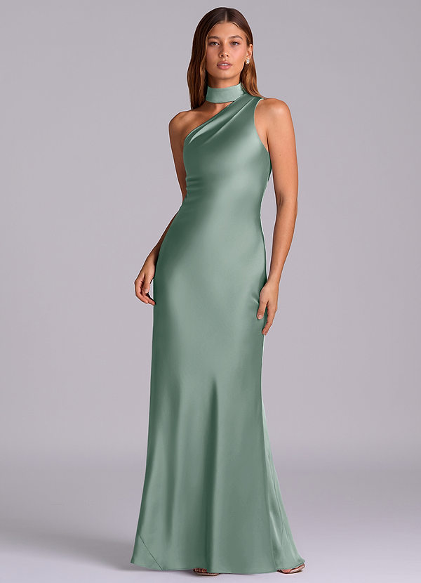 Azazie Seona Vestidos de Dama de Honor Vestido Sálvia Prateada de Cetim elástico de sereia com Ombro Único image1