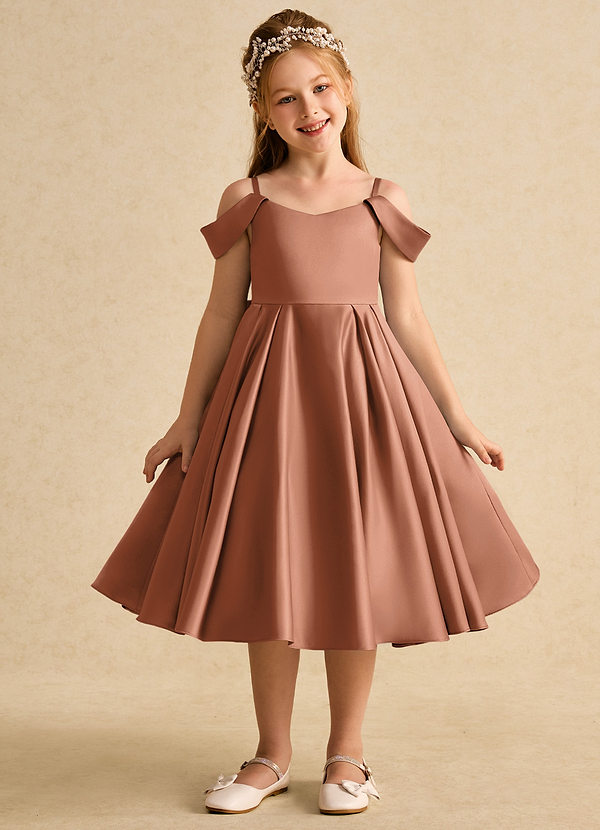 Azazie Favia Flower Girl Dresses Bronzer A-Line Off the Shoulder Matte Satin Dress image1