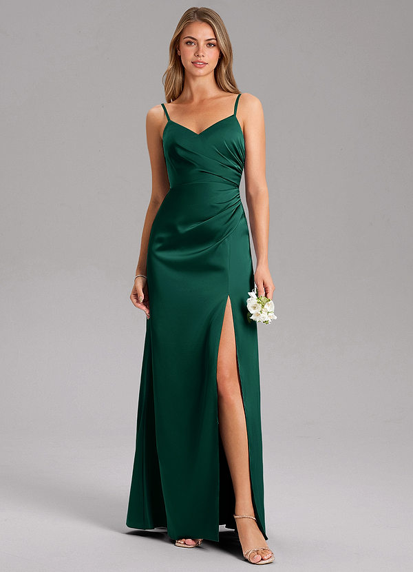 Azazie Azuree Bridesmaid Dresses Emerald A-Line Pleated Stretch Satin Dress image1