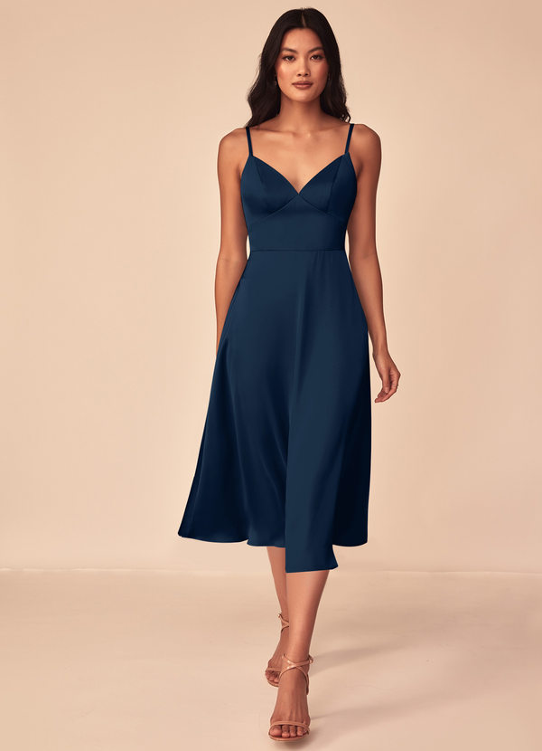 Azazie Dottie Bridesmaid Dresses Dark Navy A-Line Stretch Satin Dress image1