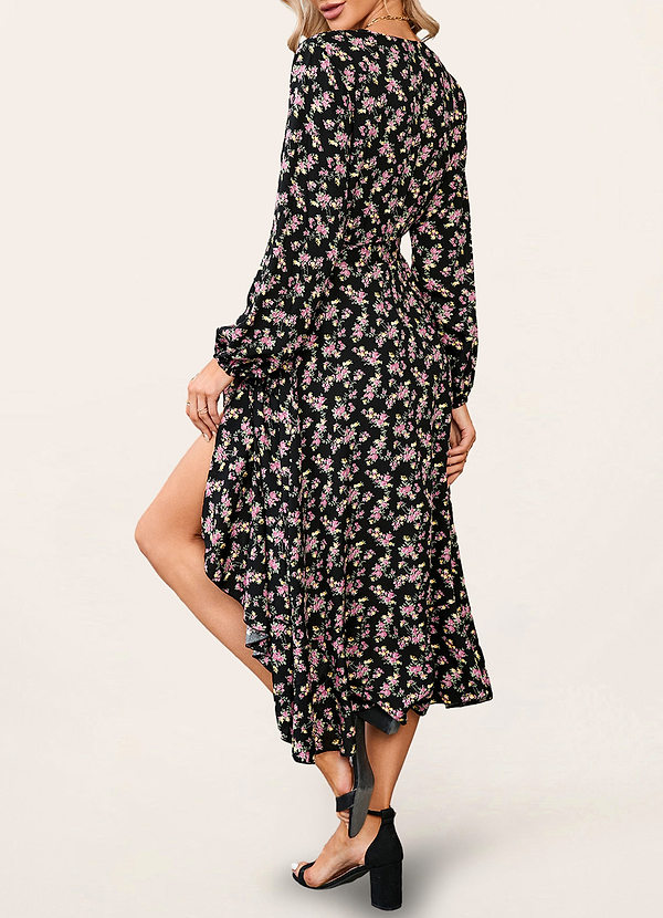 back Hanalei Black Floral Print Long Sleeve Midi Dress