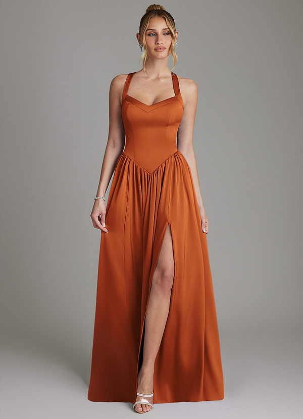 Azazie Francis Bridesmaid Dresses Cinnamon A-Line Corset Stretch Satin Dress image1