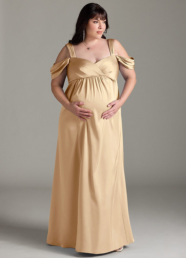 Azazie Rhea Robe demoiselle d'honneur enceinte Robe Trapèze Épaule nue plissée Longueur ras du sol Satin extensible image1