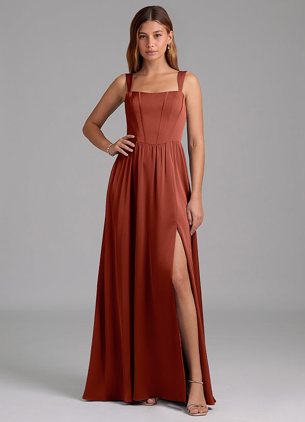 Azazie Rosaline Bridesmaid Dresses Terracotta A-Line Side Slit Stretch Satin Dress image1