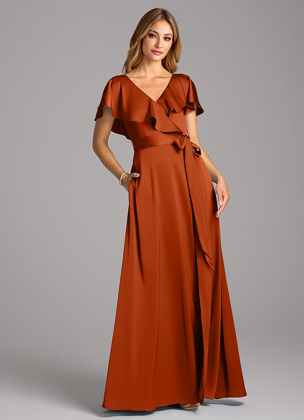 Azazie Lainey Bridesmaid Dresses Burnt Orange A-Line with Pockets Stretch Satin Dress image1