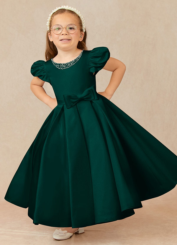 Azazie Jewel Flower Girl Dresses Pine Ball-Gown Pleated Matte Satin Dress image1