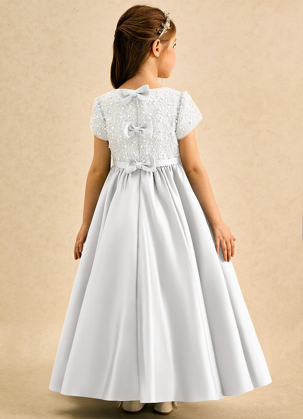 Azazie Cashew Flower Girl Dresses White Ball-Gown with Sleeves Matte Satin Dress image1